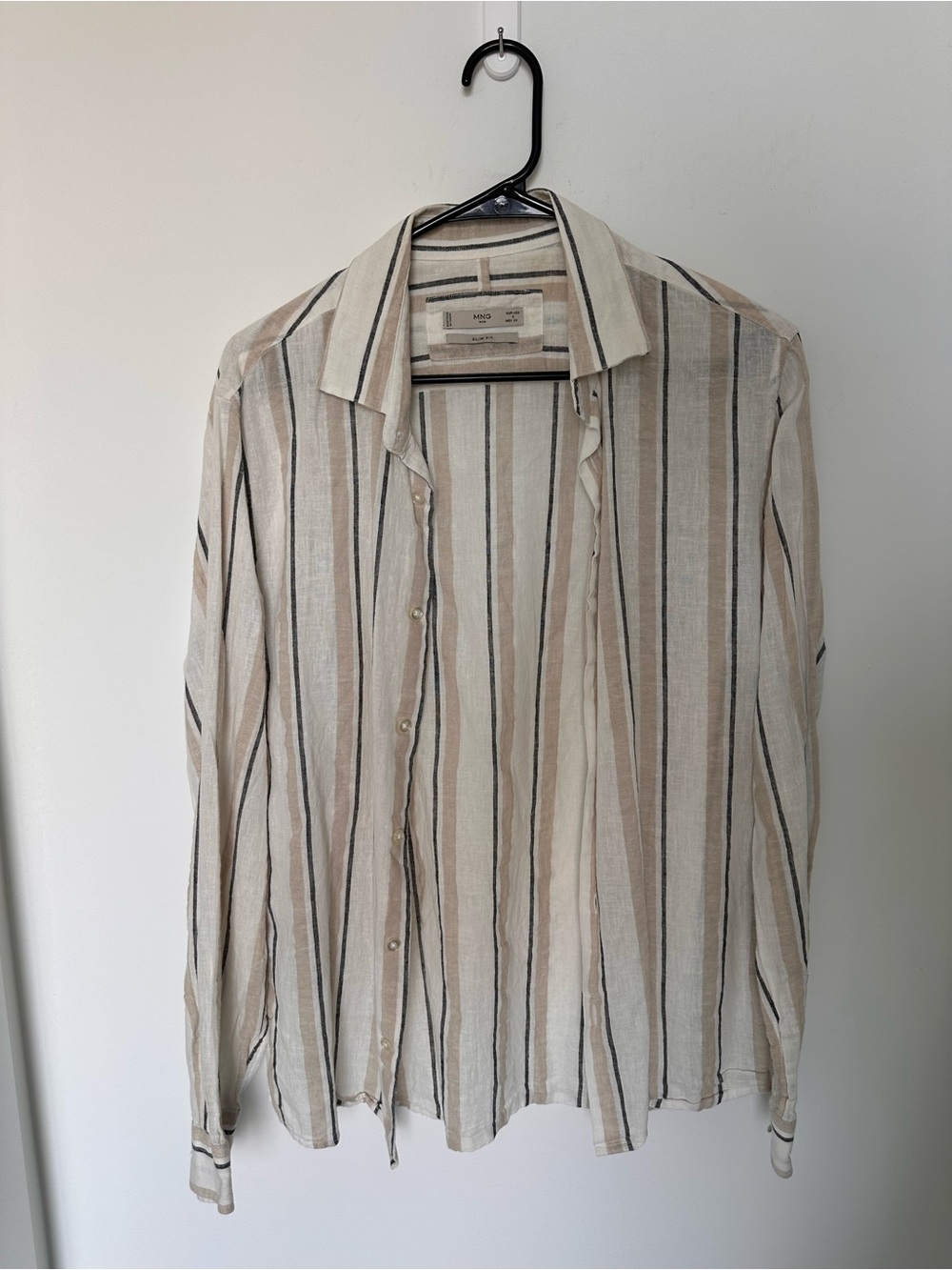 Mango Men’s Cream Button-Down Shirt with Black Stripes